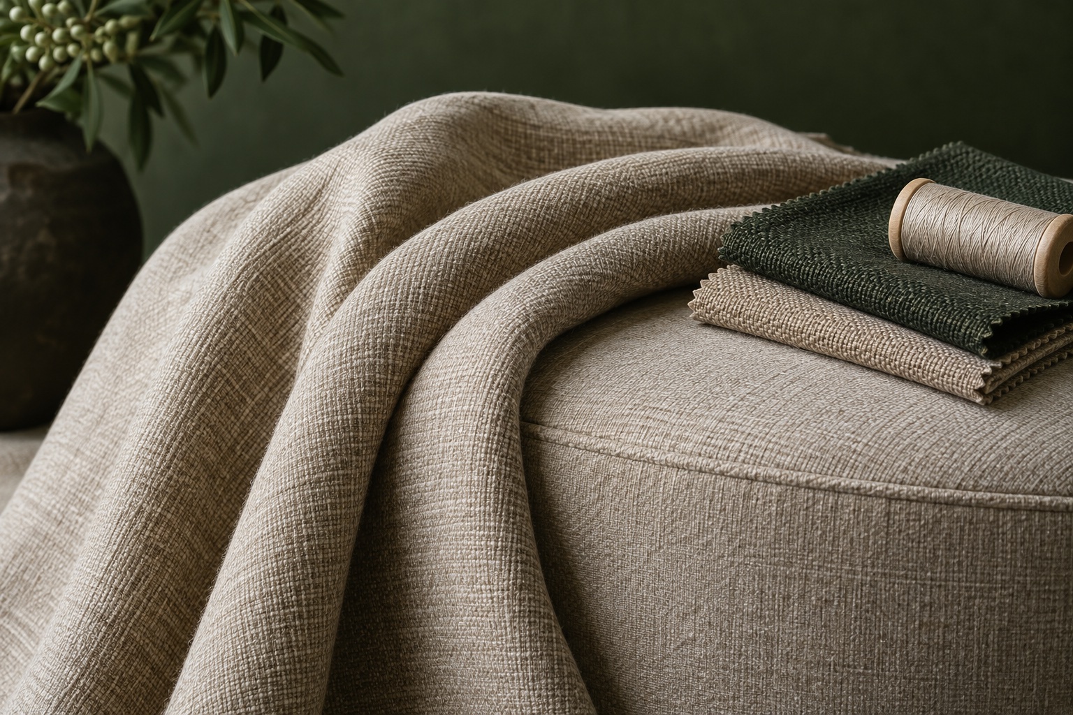 Illustrative study of linen upholstery fabric, green swatches and thread